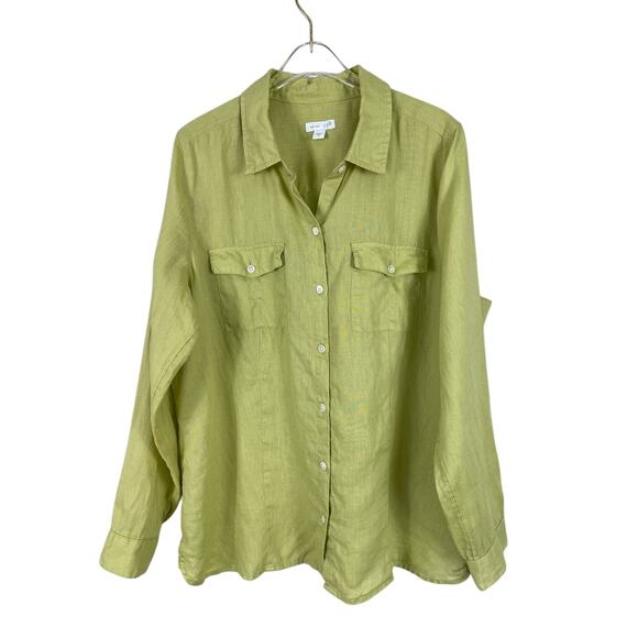 J. Jill Love Linen Button Front Shirt Long Sleeves Pockets Chartreuse Sz Medium - Picture 1 of 12